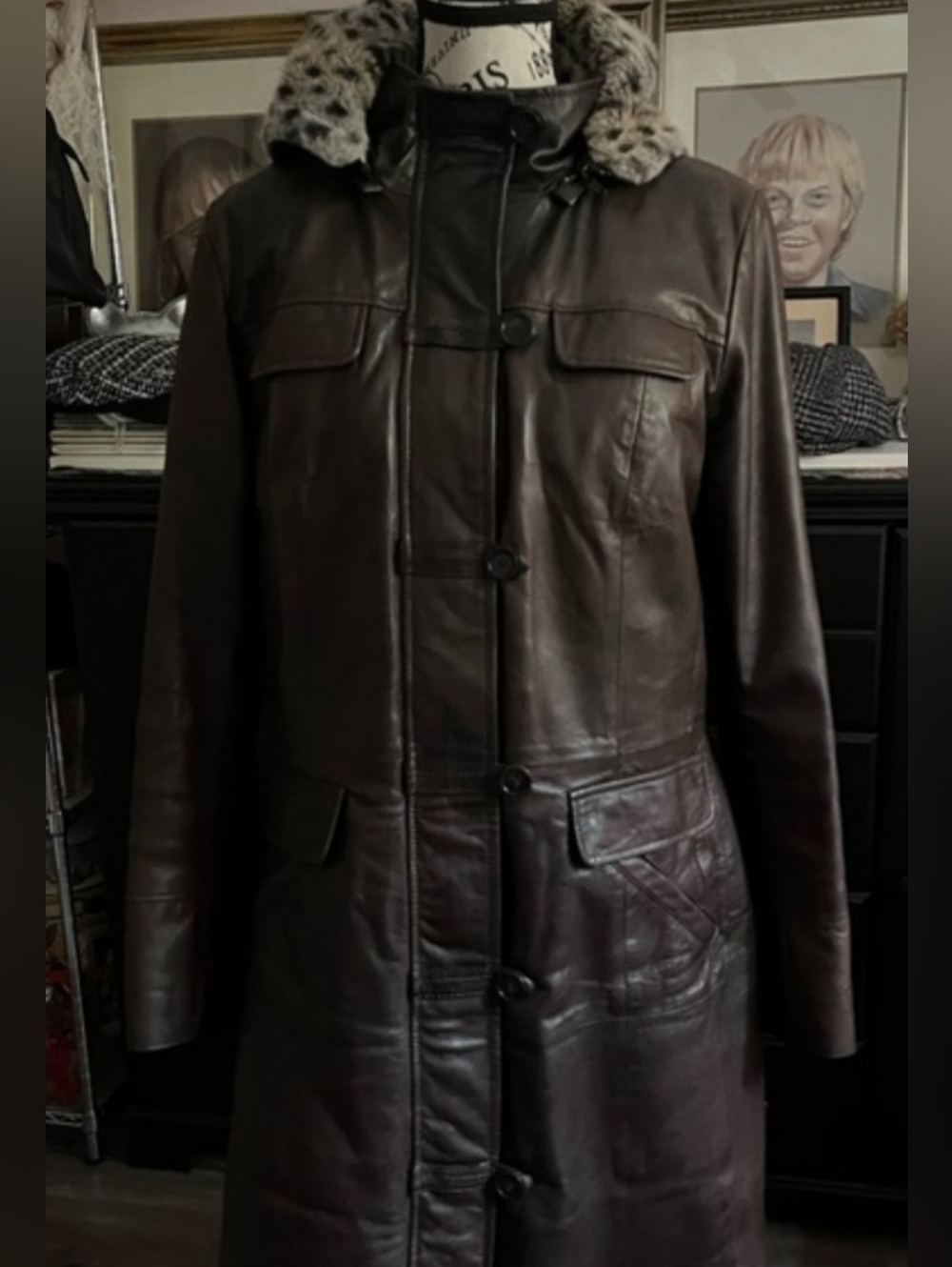 DANIER 3M Thinsulate Dark Brown Leather Long Coat with Faux Fur Hood Size M